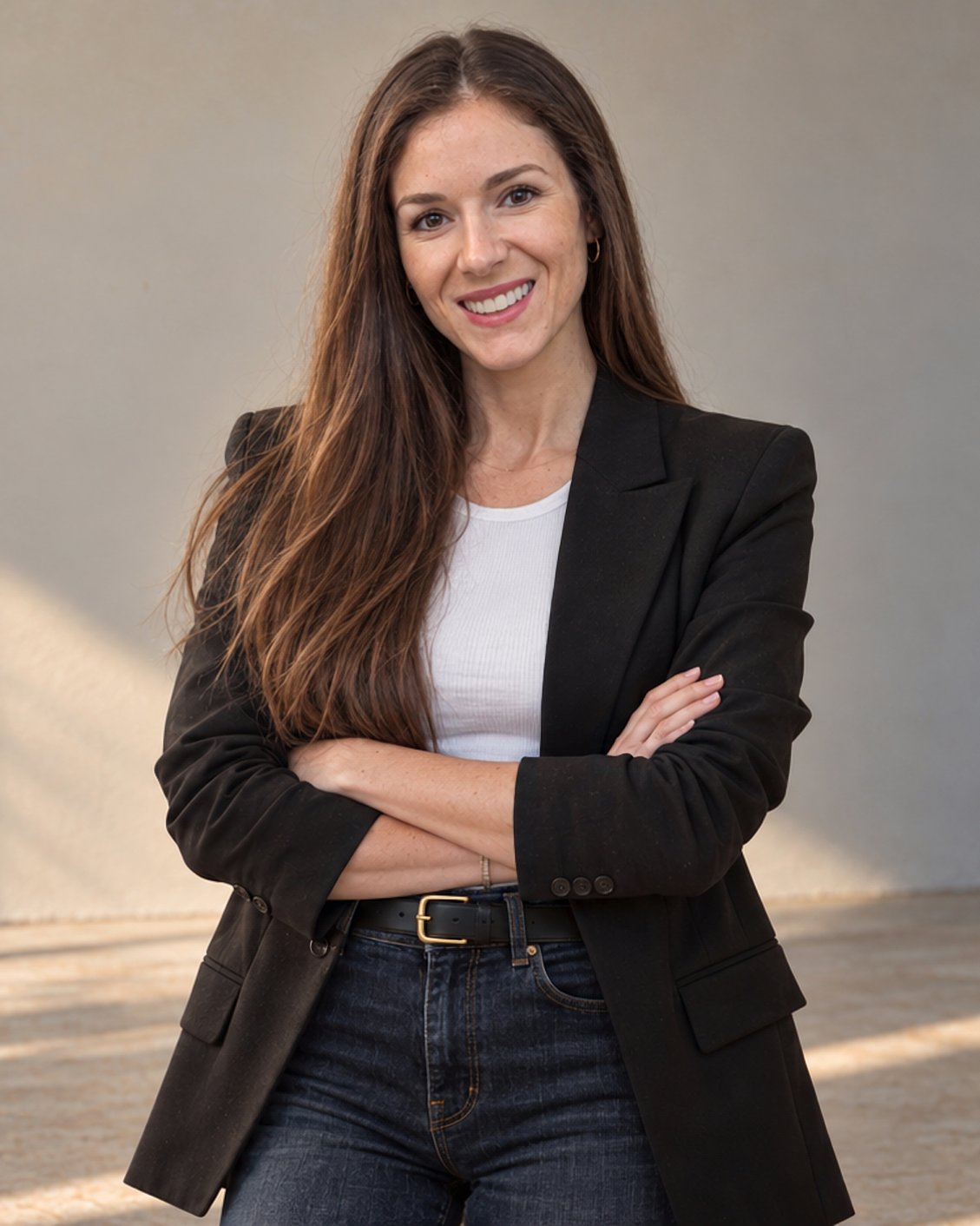Sabrina Jackson in a black blazer, white shirt and jeans, arms crossed, in warm afternoon light